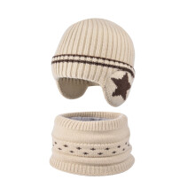 Kids Winter Hat and Scarf Set, Fleece Lined Knit Beanie with Ear Flaps, Warm Neck Warmer, Toddler Snow Accessories Set for Boys Girls 5-14 Beige