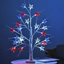 Taplcvy-Red White Blue Star LED Table Tree Light, 24 LED Battery Operated Decorative Branch Lamp for Holiday Party & Home Decor