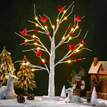 Guirlande lumineuse LED vintage en forme de bouleau avec cardinaux et baies, blanche