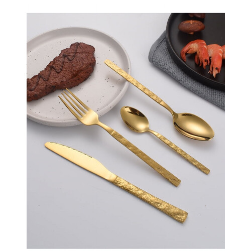PCS Flatware Set of 8 Gold Silverware Set Hammered Handle Dishwasher Safe Mirror Effect include Dinner Forks Spoons 2
