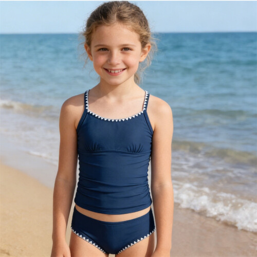 Μαγιό Tankini για κορίτσια, μπλε σκούρο, 9-10 ετών, μονόχρωμο, με τελείωμα σε αντίθεση, 1