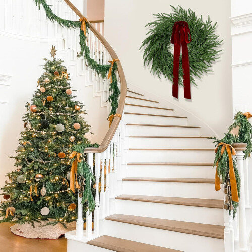 Guirlanda de Natal artificial de pinheiro e cedro com laço vermelho (pacote com 2) 2