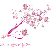 Butterfly Love Pencil Wall Sticker – Removable Vinyl Decal for Bedroom, Living Room, Nursery, Kids Room, Office & Porch Art
