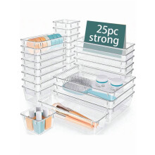 25-Pcs Clear Drawer Organizer Set (4 Sizes) for Makeup, Jewelry, Gadgets – Compatible with Standard Drawers