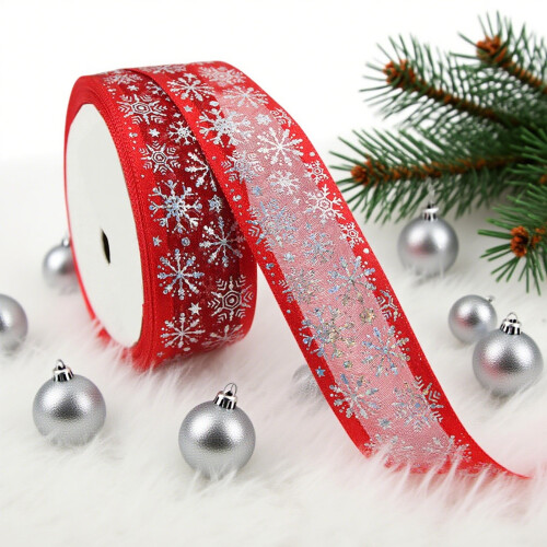 Weihnachtsschneeflockenband, 450 cm x 2,5 cm, rot, Polyester