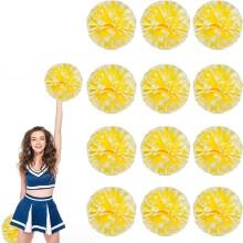 12 Pcs 10" Metallic Foil Cheer Poms with Handles & Flowers – Compatible with Cheerleading, Dance, Sports, Party