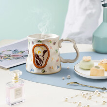 Cute Floral Ceramic Mug with Big Handle, Girly Tea Cup for Women – Novelty Oversized Latte Mug, Compatible with Dishwasher