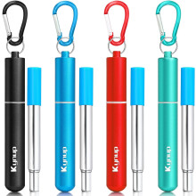 4Packs Reusable Metal Straws with Silicone Tips, Travel Case, Keychain, Brushes & Silicone Pieces (20 PCS) – Blue/Black/Red/Turquoise