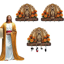 Golden Our Lady of Guadalupe Wall Key Holder (3PC) with 4 Hooks – Compatible with Rustic Entryway, Housewarming & Christian Gifts