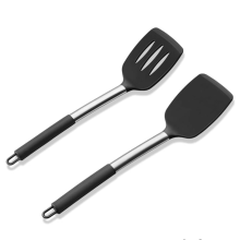 Ensemble de 2 spatules en silicone, spatule pleine et spatule ajourée pour ustensiles de cuisine antiadhésifs, résistantes à la chaleur – Noires