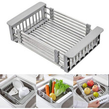 Égouttoir de cuisine en acier inoxydable, panier d'égouttage rétractable avec accoudoir réglable, égouttoir à vaisselle à poser sur l'évier