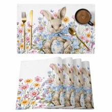 Paasplacemats set van 6, aquarel lente konijn en madeliefje, antislip, wasbaar, geschikt voor binnen en buiten.