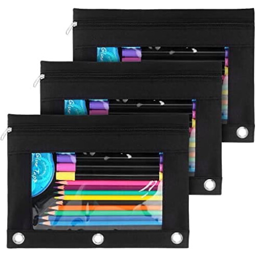 3 Ring Binder Pencil Pouch, Clear Window Pencil Case, Black, 3 Pack
