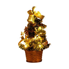 JEWLALO 8" Lighted Mini Christmas Tree with Bows, Balls, Pine Cones & Woven Base – Gold Tabletop Artificial Xmas Tree