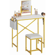 Compact Makeup Vanity Set with 360 Rotating Mirror, PU Leather Chair & Side Pocket – Gold/White, Small Space Friendly