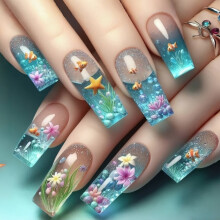 Faux ongles transparents en forme de poisson-clown, bleus, style français, 10 pièces