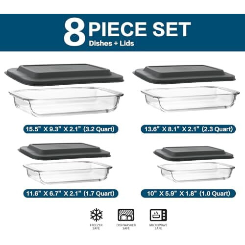 8-Pc Deep Glass Baking Dish Set with Plastic Lids, Rectangular Bakeware for Lasagna, Freezer-to-Oven & Dishwasher Safe, Gray 1