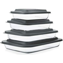 8-Pc Deep Glass Baking Dish Set with Plastic Lids, Rectangular Bakeware for Lasagna, Freezer-to-Oven & Dishwasher Safe, Gray