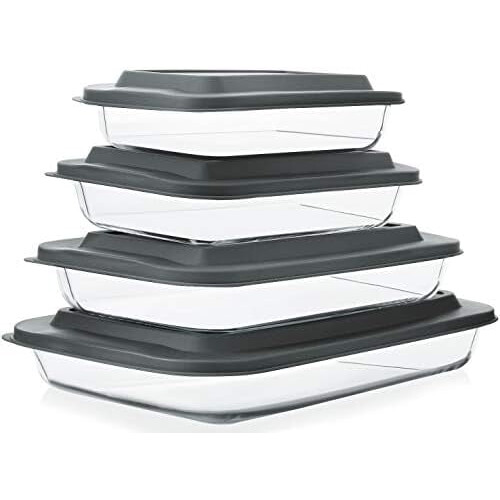 8-Pc Deep Glass Baking Dish Set with Plastic Lids, Rectangular Bakeware for Lasagna, Freezer-to-Oven & Dishwasher Safe, Gray