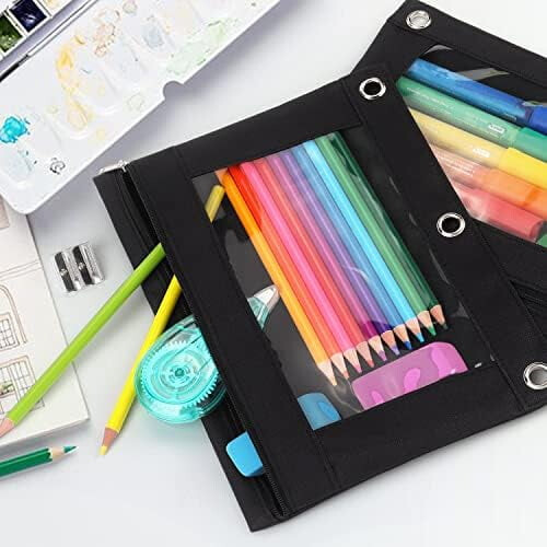 3 Ring Binder Pencil Pouch, Clear Window Pencil Case, Black, 3 Pack 2