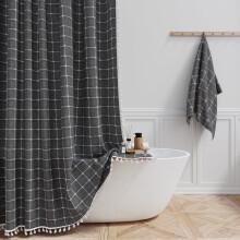 Perdea de duș Boho gri cărbune – in rustic rezistent cu ciucuri, stil boem rustic, 72x72