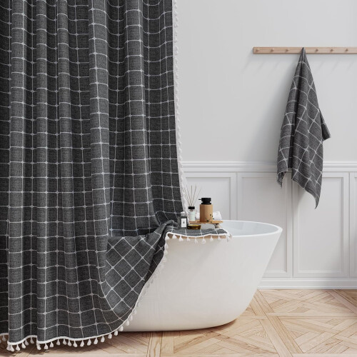 Perdea de duș Boho gri cărbune – in rustic rezistent cu ciucuri, stil boem rustic, 72x72