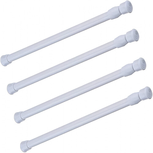 Conjunto de 4 varões de cortina extensíveis com mola, brancos, para armários. Ajuste de 21,6 a 35,4 polegadas.