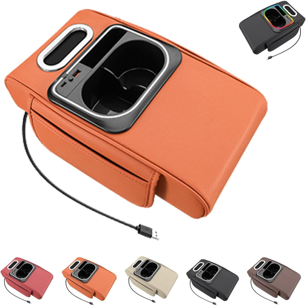 Upgraded Pu Leather Car Armrest Box Mat With Cup Holder, Tissue Holder, Ambient Usb Port Â Easy Install (Orange) Light/Orange 9405492025592