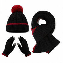 Kids Winter Hat, Scarf & Gloves Set – 3-Piece Color Block Pom Pom Beanie, Fleece-Lined Knit, for Toddlers 2–8, Black