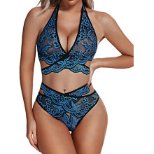 Lingerie Sets for Women New Fashion Lace Lingerie Underwear Sleepwear Steel Ring Pajamas Garter Bra Set, Color:Blue, Size:L