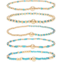 Gold Beaded Stack Bracelets Set For Women, 5Pcs Boho Handmade Small Beads Stackable Stretch Layered Outfit Accessories Jewelry Gift.