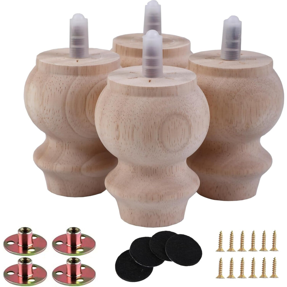 3 Inch Wooden Unfinished Bun Feet For Dresser Legs Couch Sofa Cabinet Ottoman Diy Replacement Wood Furniture Legs Set Of 4 M8 Bolt Screw In (3Â) 9485826508014