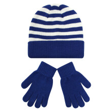 Kids Winter Hat & Glove Set, Windproof Knitted Beanie with Stripes, Warm 2-Piece Set for Ages 4-8 Boys Girls,Sky Blue,One Size