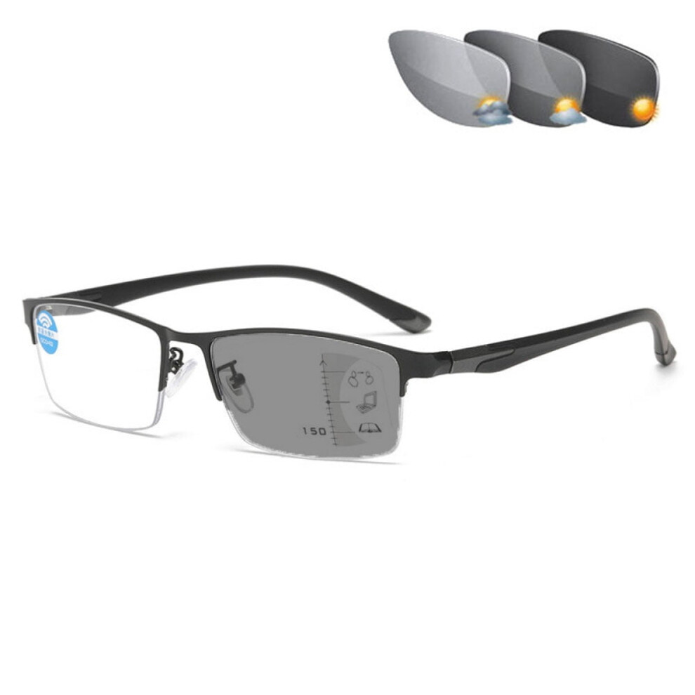Black/Gray Men's Metal Frame Progressive Photochromic Reading Glasses, +1.50, Half-Rimless Rectangle, Compatible With Transition