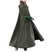 Dames wollen jas met capuchon, wollen cape, bruidsmantel, wintermantel, dikke jas, effen, knoopsluiting, maxi lange cape, groen L