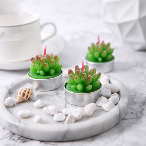 Set van 3 groene cactuswaskaarsen, 14x5,5x5 cm