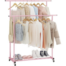 Double Rod Clothing Garment Rack Rolling Hanging Clothes Rack Portable Clothes Organizer Bedroom Living Room Clothing Store Pink