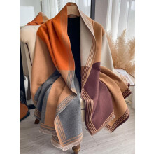 Cachecol feminino com detalhes em blocos de cores e franjas, xale casual, macio e quente para outono e inverno, acessório de moda para mulheres e