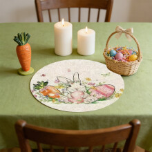Easter Placemat – 15" Round Heat-Resistant Table Mat, Bunny & Egg Design, Washable Linen-Like Coaster for Party/Kitchen/Restaurant