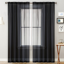 Sheer Solid Color Curtains-100x250cm Semi-Transparent Polyester Gauze Panels-Black White Gray Navy-Rod Pocket for Living Room,Bedroom