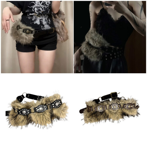 Punk damesriem van imitatieleer met studs en bontrand. 1