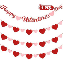 Paquete de 4 guirnaldas de corazones de fieltro para San Valentín, rojo, rosa y burdeos.