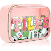 Roze transparante PVC-tas voor mahjongkaarten met ritssluiting – Waterdicht, handig voor op reis, geschikt voor mahjongkaarten in Amerikaanse stijl.