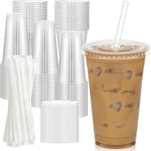 Gobelets transparents en plastique de 59 cl pour boissons froides avec couvercles et pailles (100)