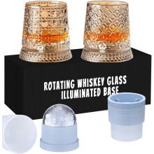 2PC Rotating Whiskey Glasses with Light-up Spinning Base & Ice Cups – Compatible with Bourbon, Old Fashioned