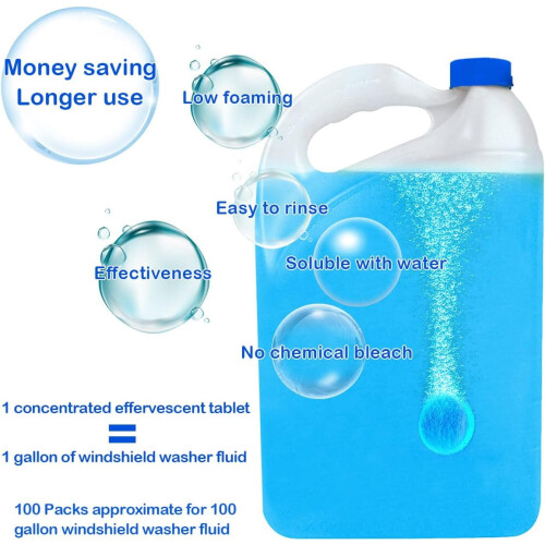 100ct Car Windshield Washer Fluid Tablets – Solid Effervescent, Stain-Removing, Clear Vision, Winter Compatible with De-icer/Methanol 1