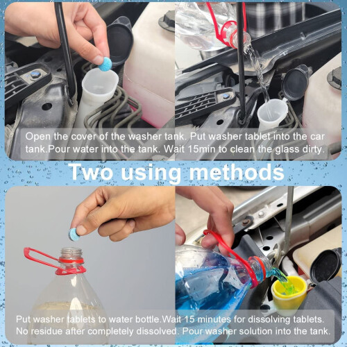 100ct Car Windshield Washer Fluid Tablets – Solid Effervescent, Stain-Removing, Clear Vision, Winter Compatible with De-icer/Methanol 2