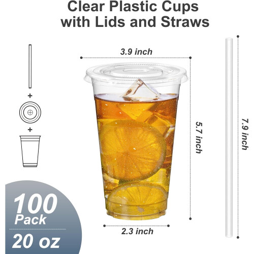 Bicchieri in plastica trasparente da 20 once per bevande fredde con coperchi e cannucce (100 pezzi) 1
