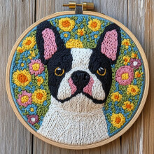 Boston Terrier in Flowers DIY Punch Needle Kit for Beginners – Stamped Pattern, Hoop & Supplies – Compatible with Punch Needle Tools