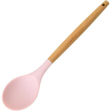Soup Ladle, Round Silicone with Wooden Handle, Compatible with Korean Ramen & Japanese Cooking, Light Pink